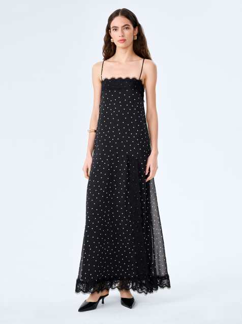 Omnes Dresses théa dress chiffon maxi dress with lace applique with polka dot print in black