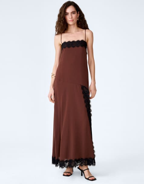 Omnes Dresses théa dress chiffon maxi dress with lace applique in chocolate brown in brown