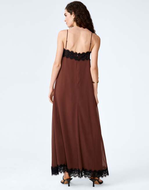 Omnes Dresses théa dress chiffon maxi dress with lace applique in chocolate brown, 3 of 4