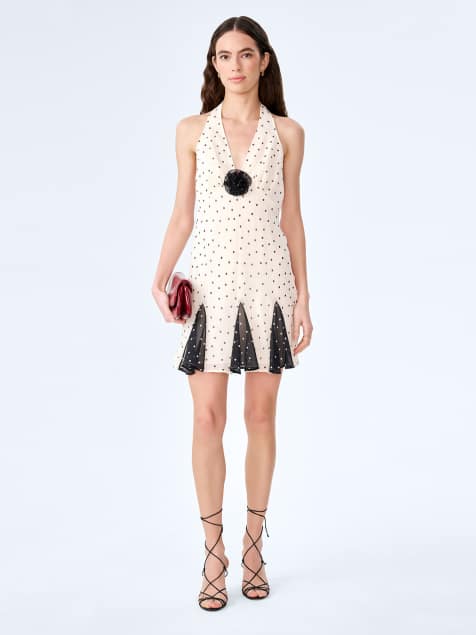 Omnes Dresses vivi chiffon mini dress with rosette in polka dot in white - view 1