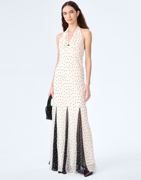 Omnes Dresses vivi halterneck chiffon maxi dress in polka dot print in white