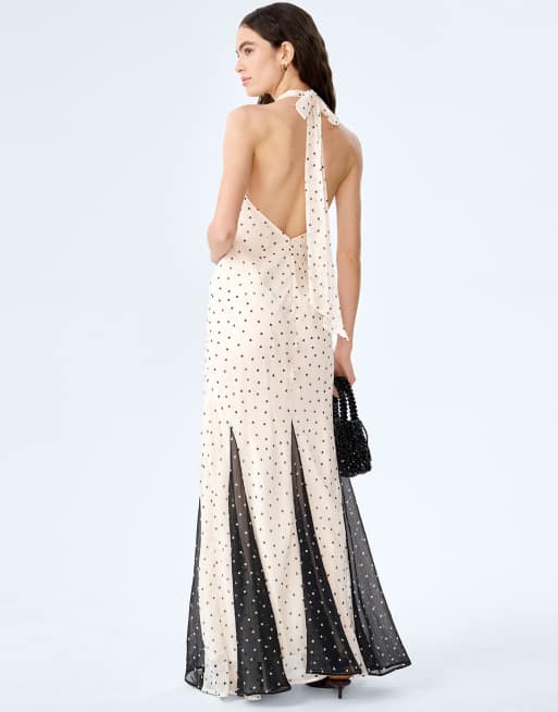 Omnes Dresses vivi halterneck chiffon maxi dress in polka dot print in white, 3 of 4