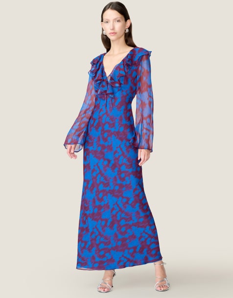 Omnes Dresses yvette chiffon v-neck flared sleeves ruffle detail dress in floral fern blue 