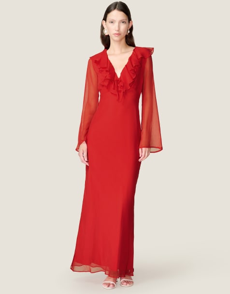 Omnes Dresses yvette chiffon v-neck flared sleeves ruffle detail dress in red - view 1
