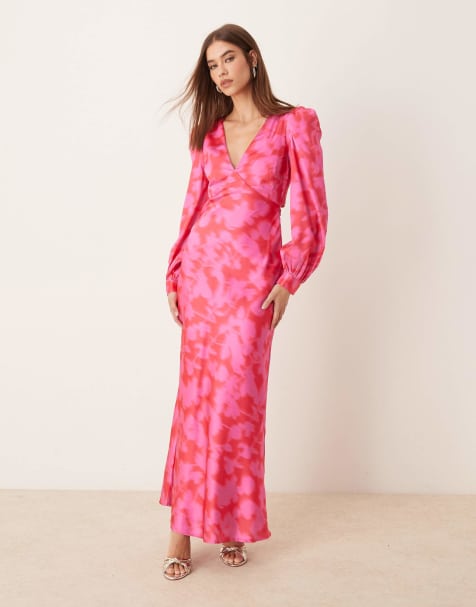 OMNES Francoise Satin Bow Back Dress in Magenta