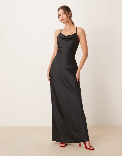 OMNES Ginny Maxi Strappy satin Slip Dress in Black 