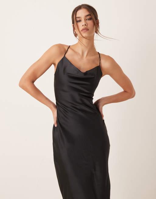 OMNES Ginny Maxi Strappy satin Slip Dress in Black ASOS