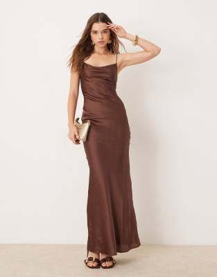 OMNES Ginny Maxi Strappy satin Slip Dress in Brown  - view 1