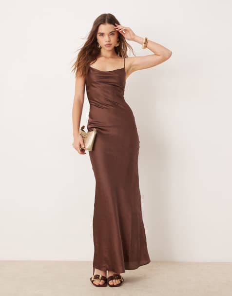 OMNES Ginny Maxi Strappy satin Slip Dress in Brown 