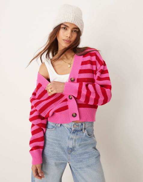 OMNES Heather Stripe Cotton Cardigan in Magenta - view 1