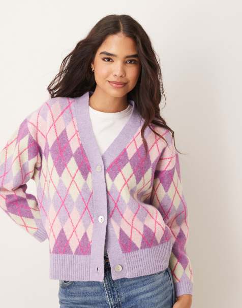 OMNES Henni Argyle Mix Cardigan in Purple 
