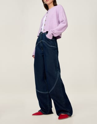 Omnes Jeans Zola Barrel Mid-rise Contrast Stitch Jean In Blue