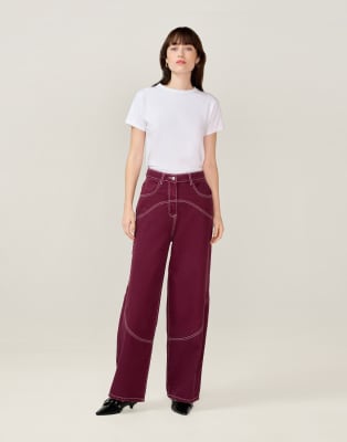 Omnes Jeans Zola Barrel Mid-rise Contrast Stitch Jean In Red