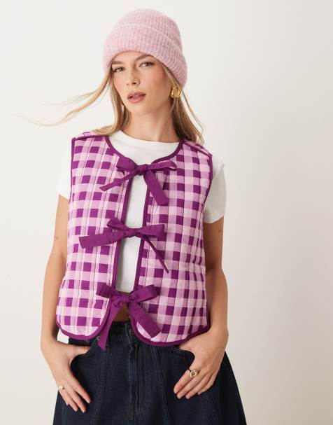 OMNES Jojo Cotton Quilted Gilet in Pink Gingham  - view 1