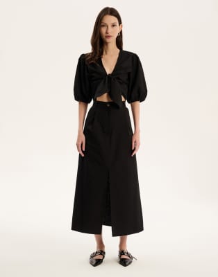 OMNES Karina Puff Sleeve Tie Front Top in black