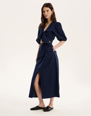 Omnes Karina Puff Sleeve Tie Front Top In Blue