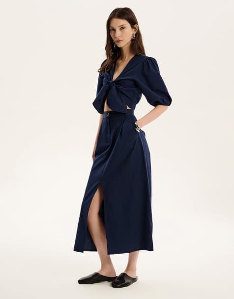 OMNES Karina Puff Sleeve Tie Front Top in navy - view 1