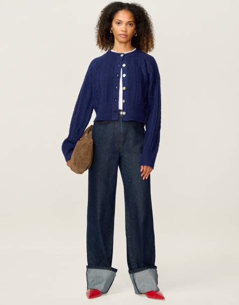 Omnes Knitwear august cable high neck cardigan in navy - view 1