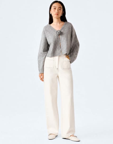 Omnes Knitwear dylan oversized cardigan with rosette detail in grey in grey - view 1