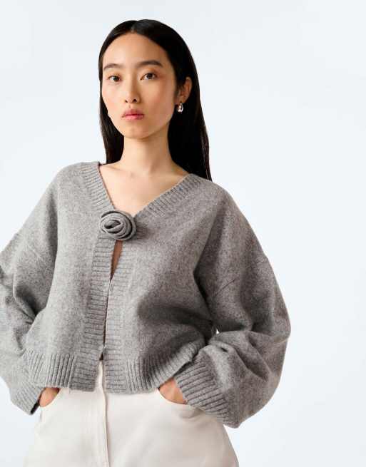 Omnes Knitwear dylan oversized cardigan with rosette detail in grey in grey, 3 of 6