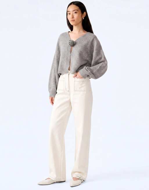 Omnes Knitwear dylan oversized cardigan with rosette detail in grey in grey, 4 of 6
