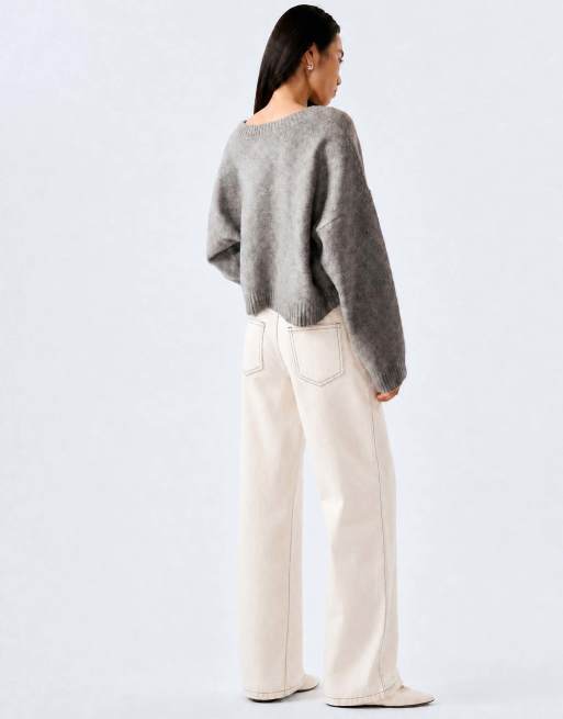 Omnes Knitwear dylan oversized cardigan with rosette detail in grey in grey, 6 of 6