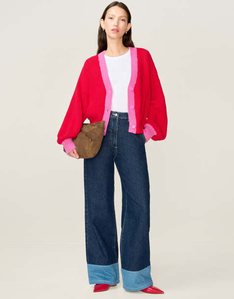 Omnes Knitwear hopper 100% cotton slouchy oversized balloon sleeve cardigan in magenta with red detail