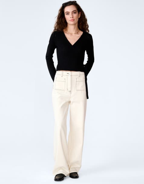 Omnes Knitwear soleil knitted wrap top long sleeve crochet cotton wrap top in black in black