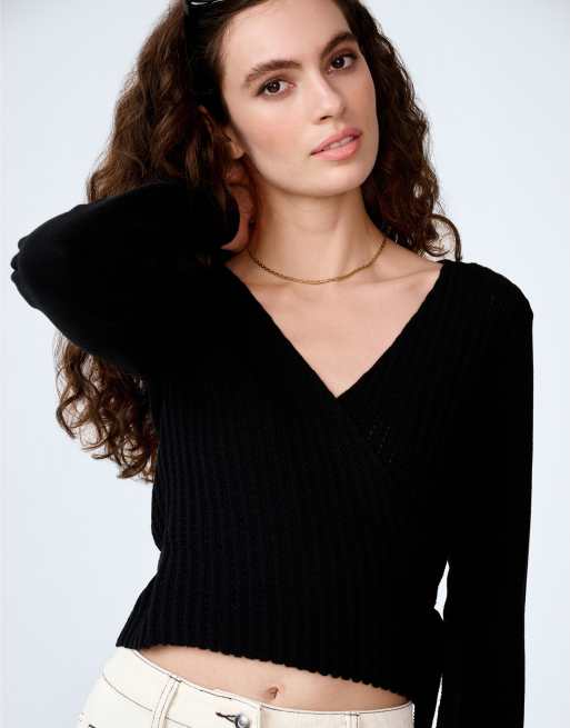 Omnes Knitwear soleil knitted wrap top long sleeve crochet cotton wrap top in black, 2 of 4