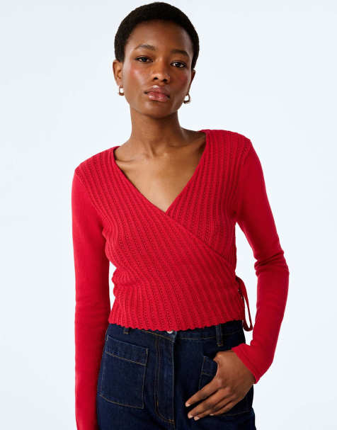 Omnes Knitwear soleil knitted wrap top long sleeve crochet cotton wrap top in red - view 1