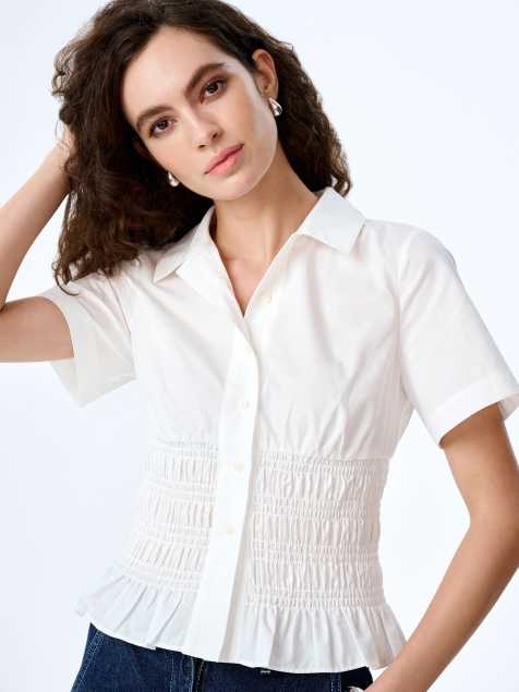 Omnes merida short sleeve cotton blouse with shirred waist in white - view 1