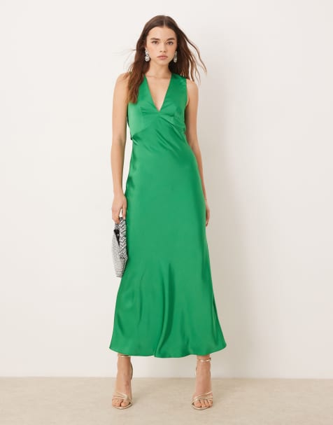 OMNES Nova Satin Tie Back Dress in Green - view 1