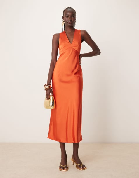 OMNES Nova Satin Tie Back Dress in orange