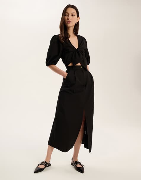 OMNES Olive front split Cotton Skirt in black - view 1
