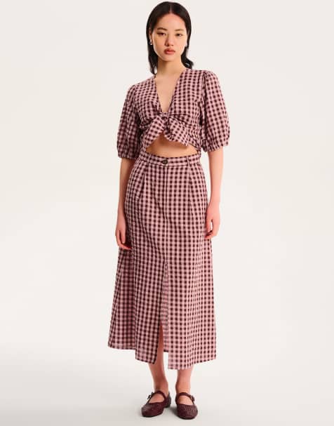 OMNES Olive high rise midi split skirt in gingham pink