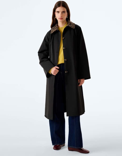 Omnes Omnes charleston trench in black - detachable animal print collar in black, 3 of 6