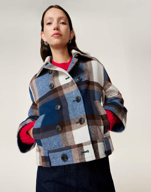 Omnes Outerwear clyde wool-blend cropped structured boxy coat in blue check in blue
