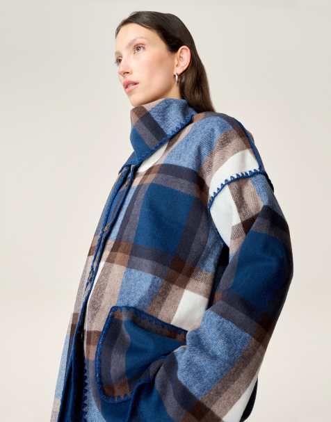 Omnes Outerwear paolo wool-blend collarless coat in blue check with oversized pockets in blue - view 1