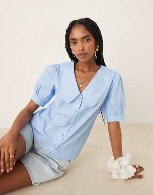 OMNES Oversized collar stripped shirt in blue
