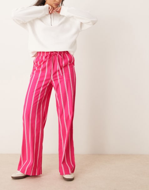 OMNES Ramela Cotton Elasticated Waist Trouser in Magenta Stripe