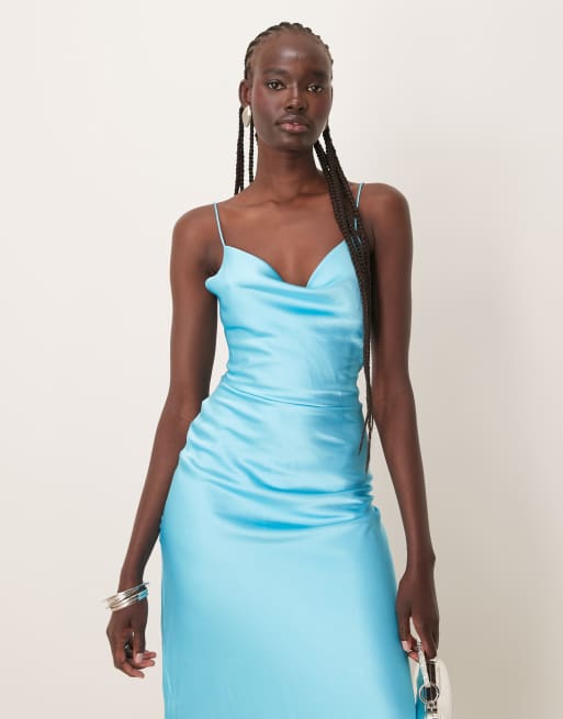 OMNES Riviera Cross-back straps satin midi dress in turquoise | ASOS