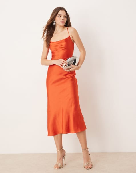 OMNES Riviera Satin Cami Slip Midi Dress in Orange