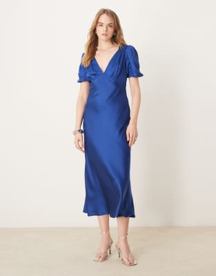 OMNES Rosie Satin Midi Dress with Puff Sleeve in navy
