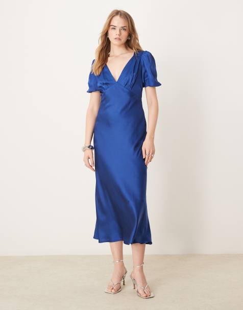 OMNES rosie Satin Midi Dress with Puff Sleeve in navy