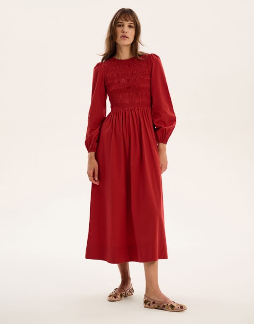 OMNES Saint Shirred Midi Dress in red