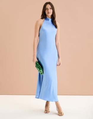 OMNES Seychelles Back Detail Satin Midi Dress in blue
