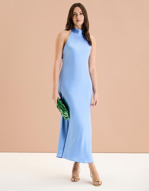 OMNES Seychelles Back Detail Satin Midi Dress in blue - view 1