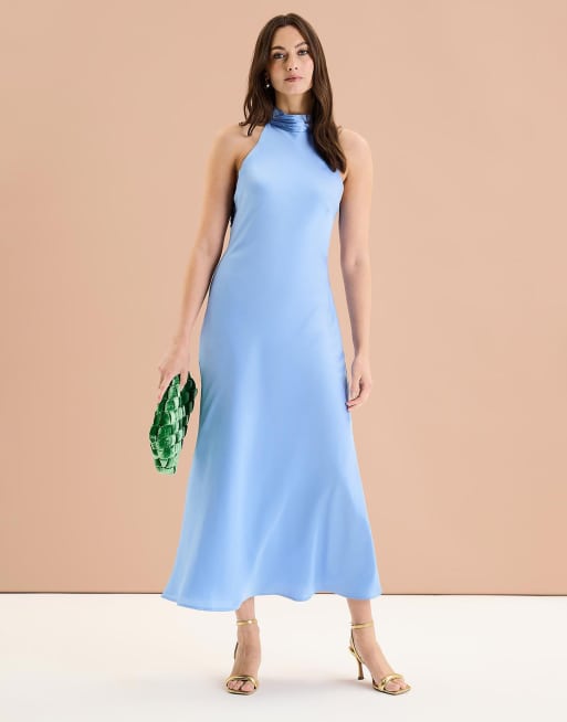 OMNES Seychelles Back Detail Satin Midi Dress in blue, 4 of 4
