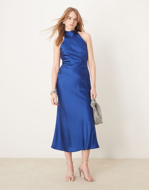 OMNES Seychelles Back Detail Satin Midi Dress in navy