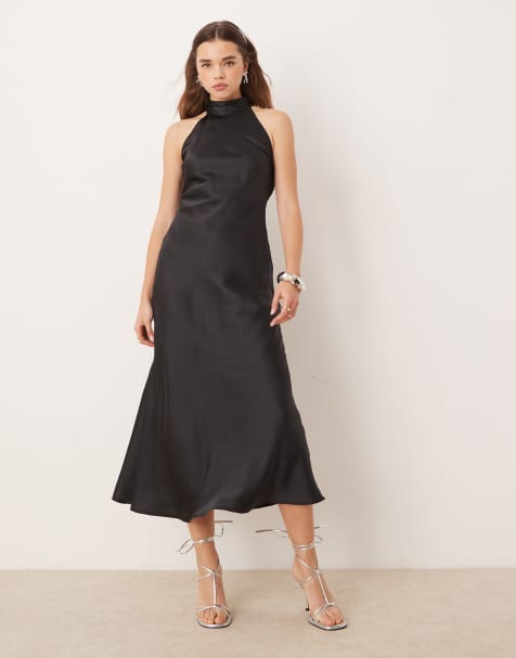 princess polly baby blue dress ASOS Petite | ASOS DESIGN all-over floral embroidered halter midi dress  with open back in black-Multi main image 0